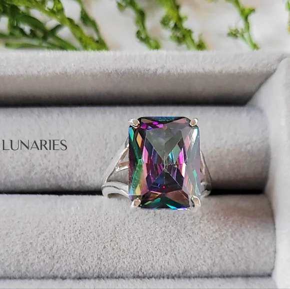 Rainbow Mystic Topaz Ring, 925 Sterling Silver, Emerald-Cut Size 9 - Picture 6 of 10